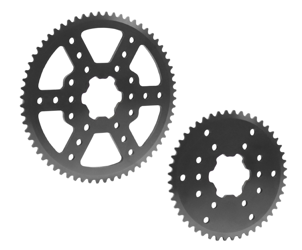A photograph of two sprockets, both with 1/2 inch MAX Spline bores.