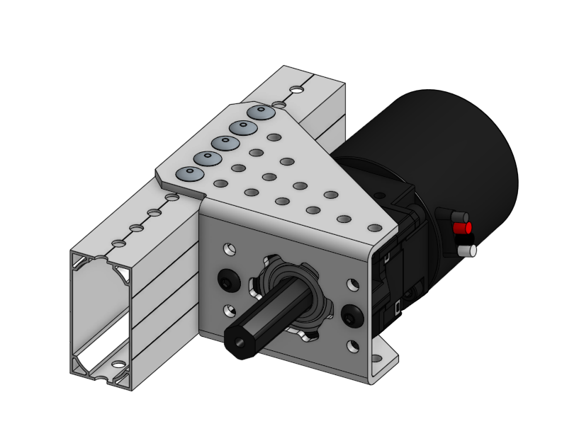 An image of a motor with a MAXPlanetary Gearbox that has been put inside a MAXSpline Bracket, and the bracket has been mounted to MAXTube.